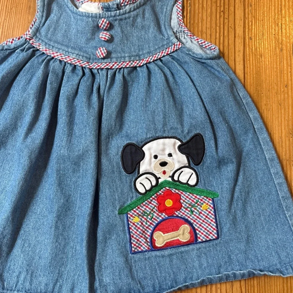 Vintage Denim Dress Baby Girl Blue Embroidered Puppy Doghouse SIZE 12m